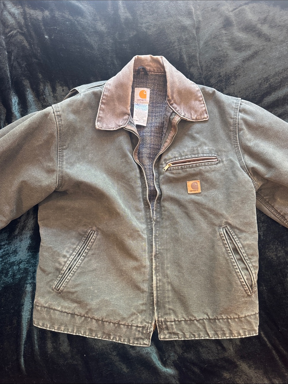 Carhartt Olive Green Canvas Bomber Jacket with Brown Collar
